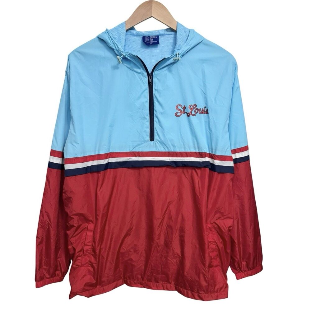 Series Six  St. Louis Anorak Hooded Windbreaker Jacket Mens XL Powder Blue Red